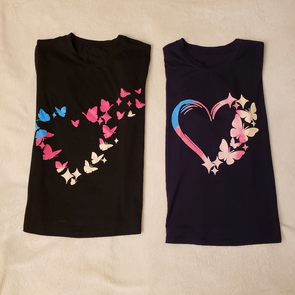 Lot of 2 Casual Graphics Heart Butterfly Black Crop T-Shirt Round Neck Size M